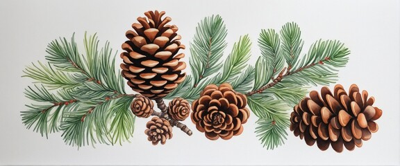 Fototapeta premium Watercolor illustration of a pine cone on a textured white background, perfect for Christmas decoration