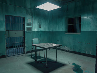 In a stark, dimly lit interrogation room with metal walls, a solitary table and chair sit under a harsh ceiling light. The walls and floor show signs of wear and age.