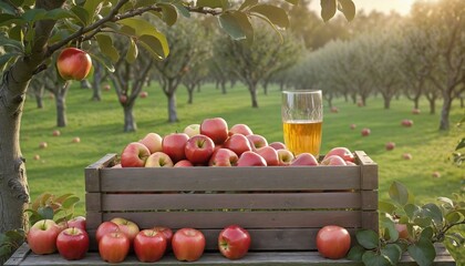 Refreshing apple juice served in a wooden box amidst a lush apple orchard in summer