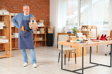Portrait of male shoemaker with shoes in workshop