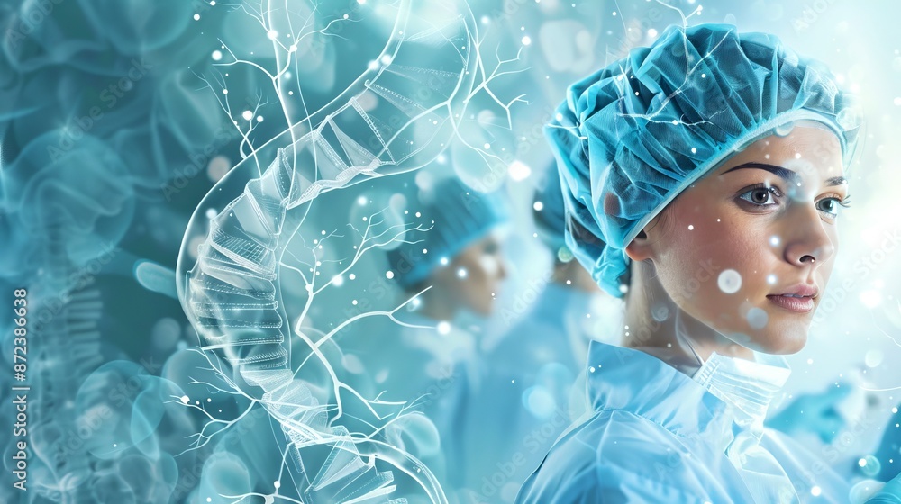 Poster close up of a confident female scientist in a lab setting. dna strands and molecular structures in t