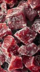 Close Up Of Frozen Raw Meat Cubes With Ice
