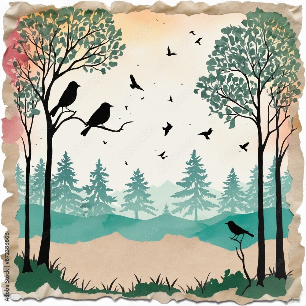 Poster abstract silhouette flock of birds and trees in vibrant colours, created with paintbrush and ink on 