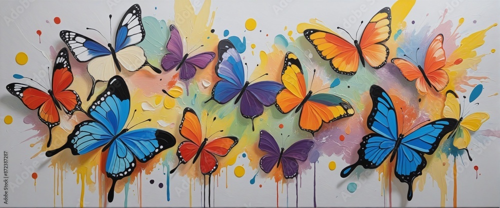 Poster generative art design featuring a vibrant and textured butterfly pattern on canvas, created with oil