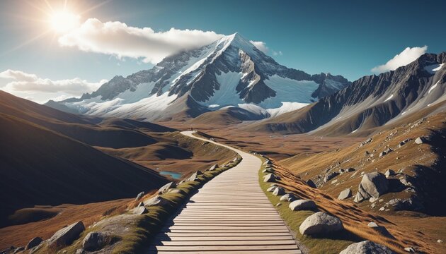 A symbol of success and achievement, journeying through a futuristic path towards mountain-top goals