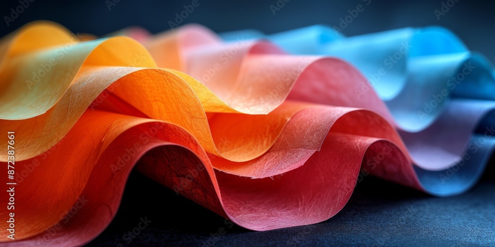 Poster brightly colored sheets of paper form a mesmerizing pile against a stark black backdrop, creating a 