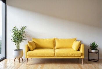 Stylish and modern Scandinavian-inspired interior design featuring a cozy yellow sofa, wooden table, and plant in a bright and airy living room setting