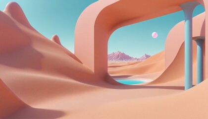 Fototapeta premium Dreamy desert gate in blue light: a surreal 3D render landscape with geometric shapes and a mirrored lake