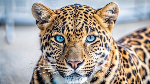 A leopard with striking blue eyes stares directly at the camera