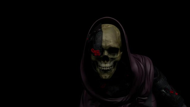 cyborg with artificial intelligence, humanoid robot warrior, scary version, black background, 3d render