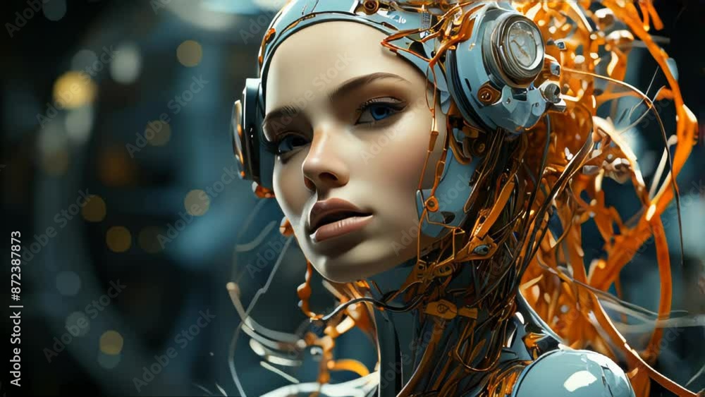 Poster connection of human woman and artificial intelligence robot. the concept of merging a person and a c