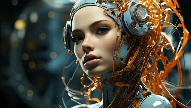 Connection of human woman and artificial intelligence robot. The concept of merging a person and a computer with neural networks in the future