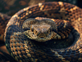 Obraz premium A close-up view of a coiled snake reveals intricate patterns on its scales and an intense, focused gaze. The lighting emphasizes its textured skin.