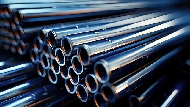 Steel pipes of different diameters in the warehouse of pipelines and spare parts for oil refining petrochemical equipment