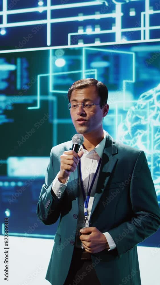 Poster vertical video presenter talking with spectators at ai convention bringing together it specialists, 