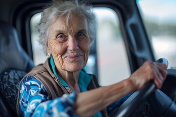 Obraz premium Senior female truck driver smiling and holding steering wheel