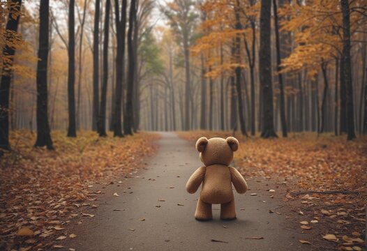 lonely teddy bear in autumn landscape