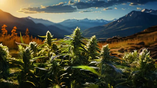 Green plants of natural cannabis bushes growing in nature