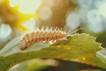 Naklejka premium Caterpillar crawling on green leaf in summer garden