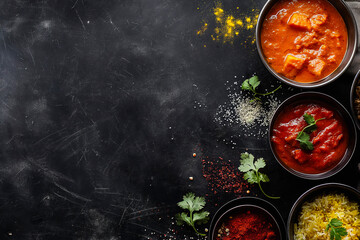 Bowls of indian food on dark table