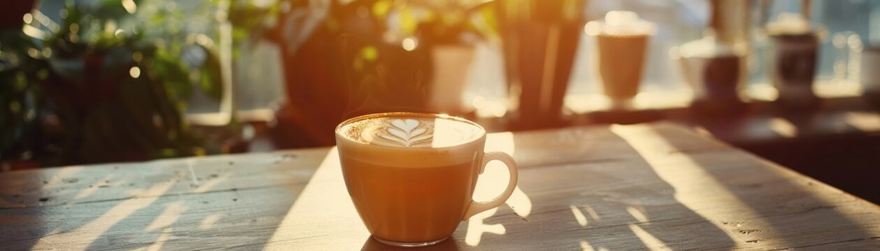 Morning latte, sunlit window, kitchen ambiance, close up, focus on, copy space Beautiful and fresh colors Double exposure silhouette with latte art