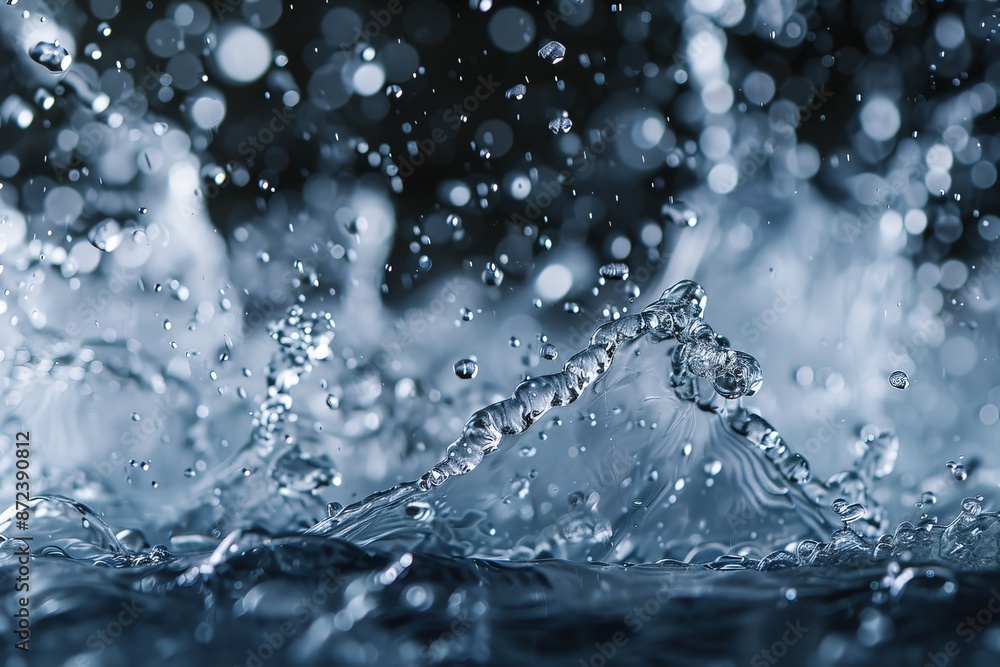 Poster water splashing with droplets on dark background