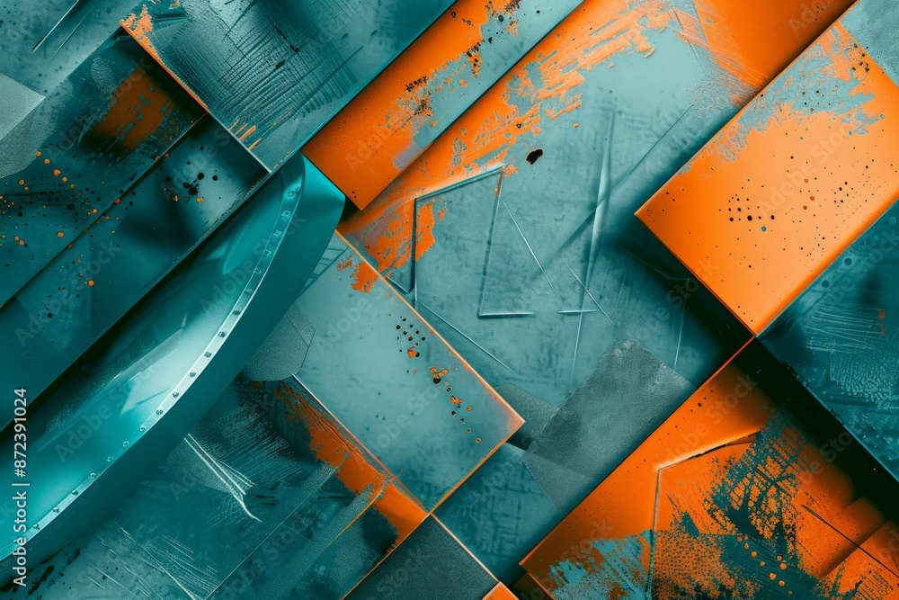 Aufkleber abstract background showing orange and teal geometric shapes with grunge texture