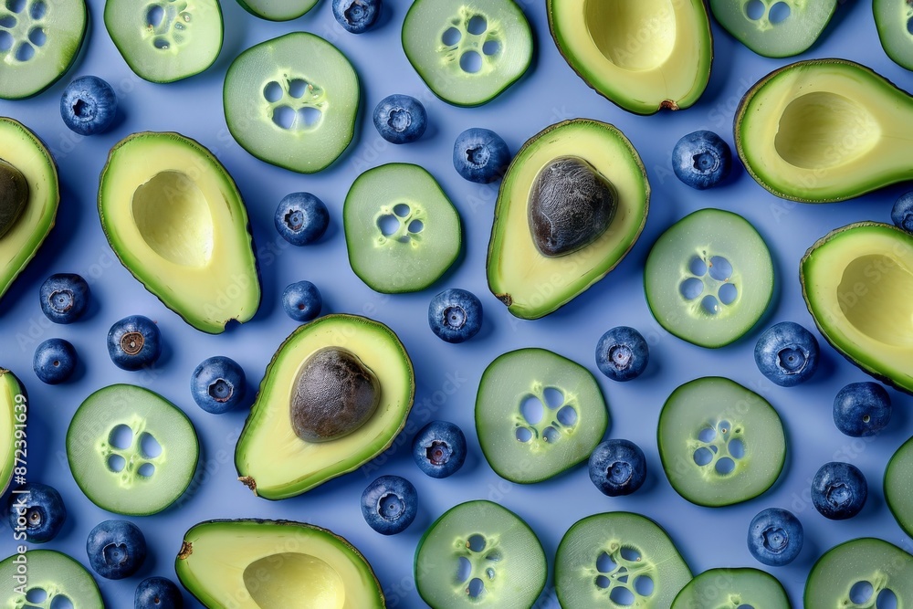 Poster Pattern of fresh sliced avocado cucumber and blueberry on blue background