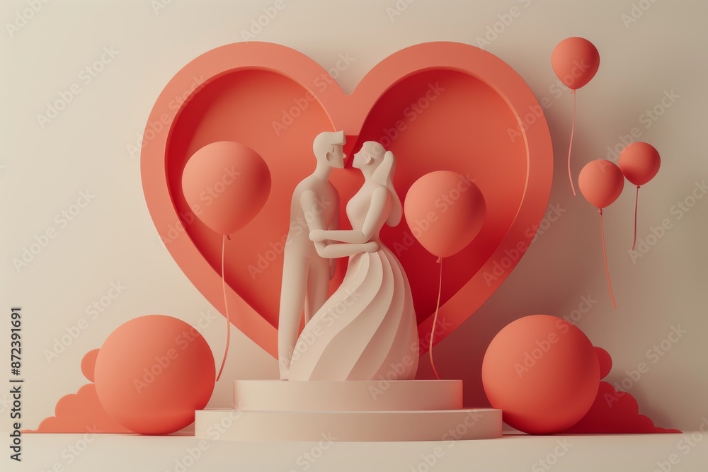 Poster minimalist sculpture of two figures with heart elements symbolizing love and unity in a modern artis