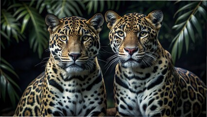 Two  jaguars standing together, looking directly at the camera