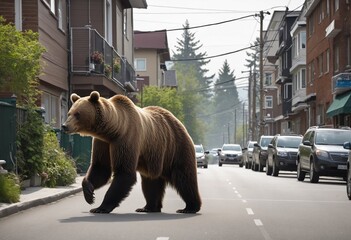 Brown bear strolling along residential street in urban area
