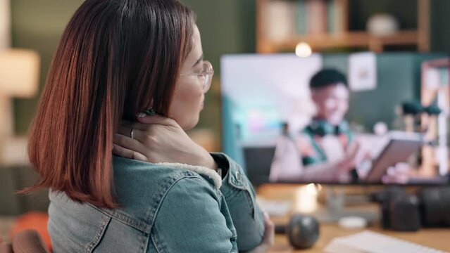 Woman, computer screen and neck pain in workplace for video or media, production and streaming. Content creator, social media and stress or tension for editing and technology in creative space