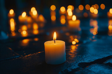Candles Burning at Night. White Candles Burning in the Dark with focus on single candle in foreground