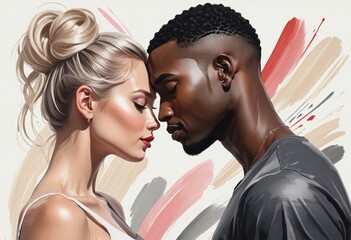 Interracial couple in love - abstract  painting illustration