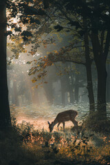 A deer grazes peacefully in a sunlit forest clearing, surrounded by trees with light filtering softly through the leaves.