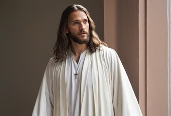 Naklejka premium jesus christ with long hair and long white robe, portrait