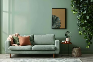 Living Room with Green Sofa and Plants