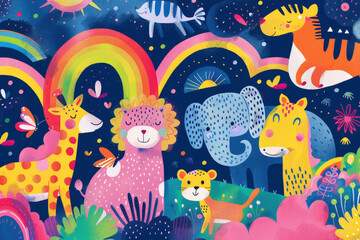 A colorful, whimsical scene featuring smiling animals such as a giraffe, lion, elephant, and horse against a night sky with rainbows, stars, and butterflies.