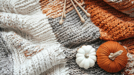 Knitted Pumpkins on Cozy Blanket