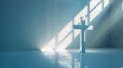 Naklejka premium Three-dimensional rendering of a cross in a white room with a window.