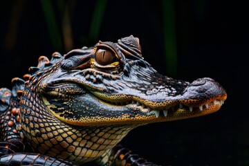 Fototapeta premium Mystic portrait of American Alligator, full body view, isolated on black background