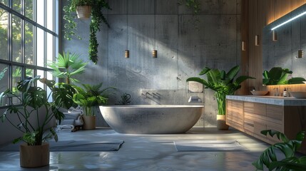Design of a modern bathroom with wooden walls, a concrete floor, and a comfortable bathtub.
