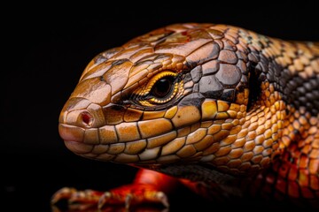 Obraz premium Mystic portrait of Blue-tongued Skink, full body view, isolated on black background