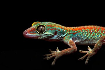 Fototapeta premium Mystic portrait of Common House Gecko, full body view, isolated on black background