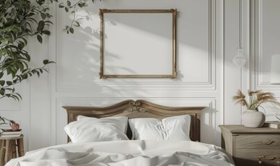 Elegant bedroom with an empty frame on the dresser