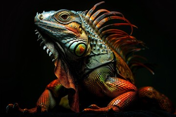 Fototapeta premium Mystic portrait of Green Iguana, full body view, isolated on black background