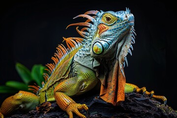 Fototapeta premium Mystic portrait of Green Iguana, full body view, isolated on black background