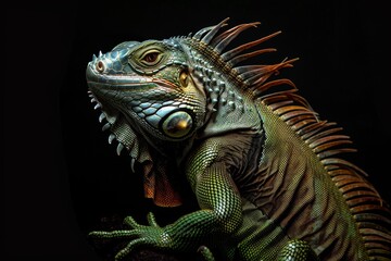 Fototapeta premium Mystic portrait of Green Iguana, full body view, isolated on black background