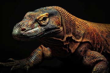 Obraz premium Mystic portrait of Komodo Dragon, full body view, isolated on black background
