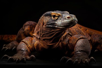 Obraz premium Mystic portrait of Komodo Dragon, full body view, isolated on black background